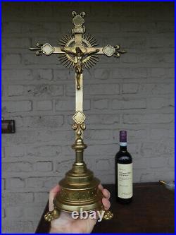 Antique bronze french altar crucifix sunburst fleur de lys religious