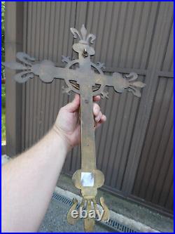 Antique bronze religious wall crucifix fleur de lys