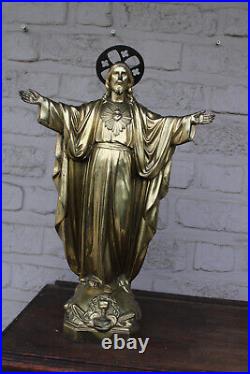 Antique bronze sacred heart christ jesus statue religious marked