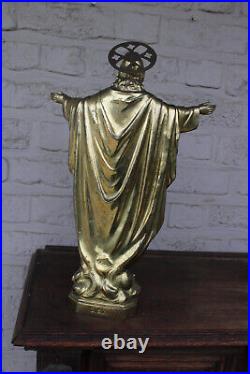 Antique bronze sacred heart christ jesus statue religious marked