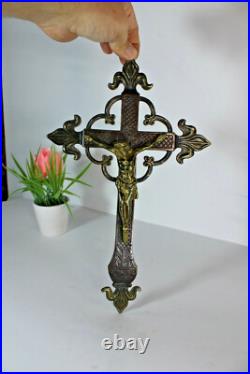 Antique bronze signed crucifix fleur de lys religious