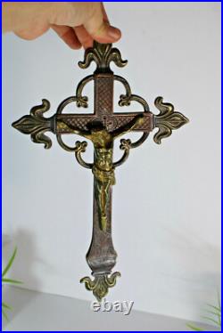 Antique bronze signed crucifix fleur de lys religious
