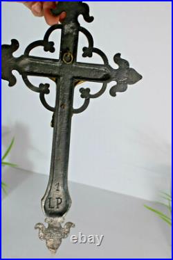 Antique bronze signed crucifix fleur de lys religious