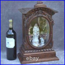 Antique carved wood Altar Chapel Shrine Mary 2 urns flowers Madonna religious