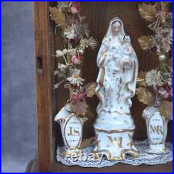 Antique carved wood Altar Chapel Shrine Mary 2 urns flowers Madonna religious