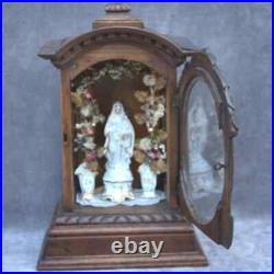 Antique carved wood Altar Chapel Shrine Mary 2 urns flowers Madonna religious