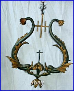 Antique cast iron italian church religious dolphin fish chandelier crucifix rare