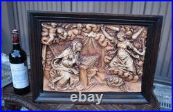 Antique chalk bas relief Annunciation mary archangel wood frame religious plaque