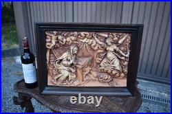 Antique chalk bas relief Annunciation mary archangel wood frame religious plaque