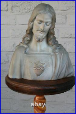 Antique chalk sacred heart jesus bust statue religious
