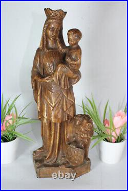 Antique chalkware our lady of Flanders lion Statue religious