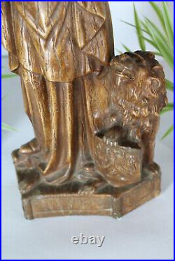 Antique chalkware our lady of Flanders lion Statue religious