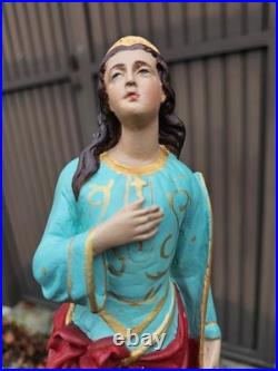 Antique chalkware statue of Saint philomena with anchor religious art