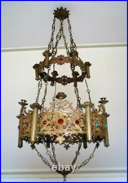 Antique church neo gothic brass religious chandelier candle holder Lamp stones