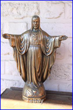 Antique copper metal sacred heart spread arms jesus statue figurine religious