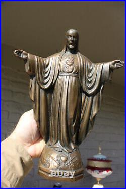 Antique copper metal sacred heart spread arms jesus statue figurine religious