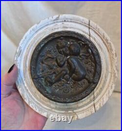 Antique early 1800 Religious French Bronze Plate White Painted Wood Picture