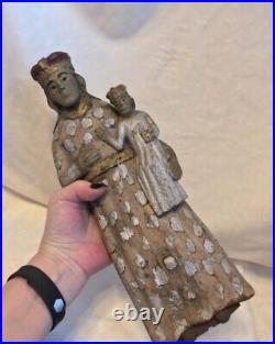 Antique early 1800s Religious Handcarved Wood Statue Santos MADONNA & CHILD, 13