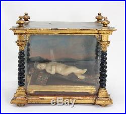 Antique early 18th C. Religious Shrine, wax Holy Child Jesus, glass wood vitrine