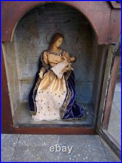 Antique early 19th C. Religious Shrine, wax Holy Madonna and Child wood vitrine