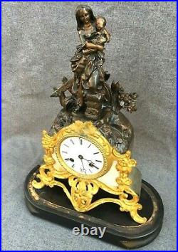 Antique french 19th century clock regule bronze tone religious scene jesus marie