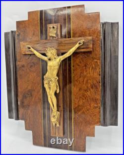 Antique french Art Deco crucifix 1930's woodwork religious Jesus