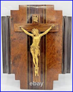 Antique french Art Deco crucifix 1930's woodwork religious Jesus
