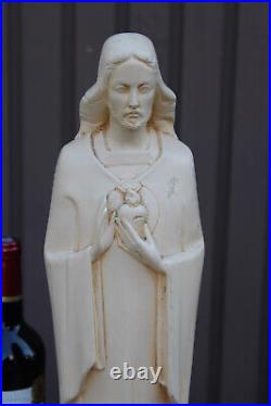 Antique french art deco ceramic chalk sacred heart jesus statue religious