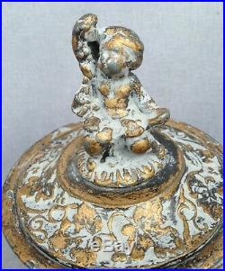 Antique french box jar early 1900's made of regule gold tone angel religious