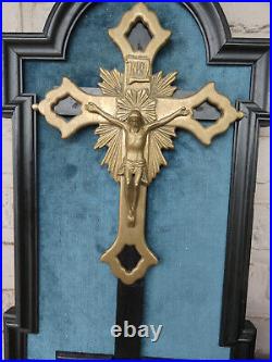 Antique french brass wood carved napoleon III frame religious crucifix plaque