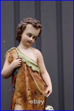 Antique french ceramic young SAINT JOHN BAPTIST lamb statue figurine religious