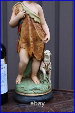 Antique french ceramic young SAINT JOHN BAPTIST lamb statue figurine religious