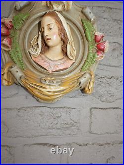 Antique french chalk relief madonna angel plaque religious rare