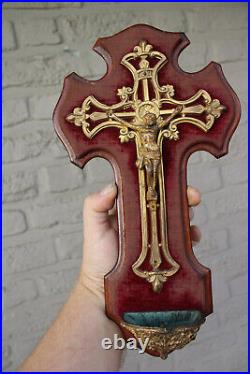 Antique french holy water font crucifix velvet religious