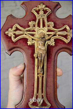Antique french holy water font crucifix velvet religious