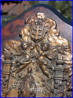 Antique french holy water font religious wall plaque wood spelter bronze madonna