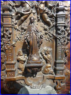 Antique french holy water font religious wall plaque wood spelter bronze madonna