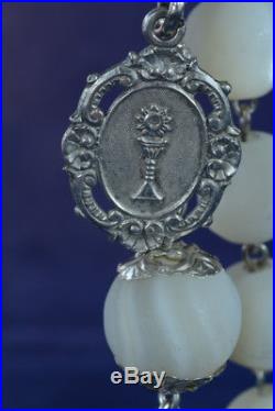 Antique french religious bracelet Sterling silver Mother of Pearl Chalice Medal
