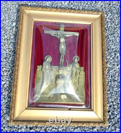 Antique french religious plaque with crucifix calvary scene metal inside