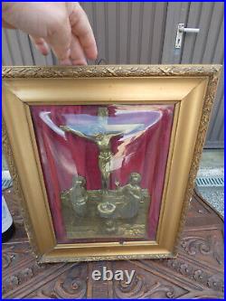 Antique french religious plaque with crucifix calvary scene metal inside