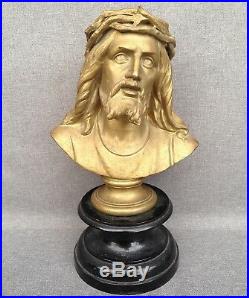 Antique french religious sculpture bust made of regule 19th century jesus