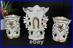 Antique french religious vieux paris porcelain chapel vase set madonna figurine