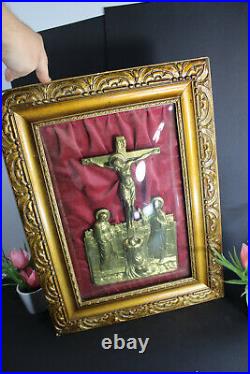Antique french religious wood wall panel calvary crucifixion scene behind glass