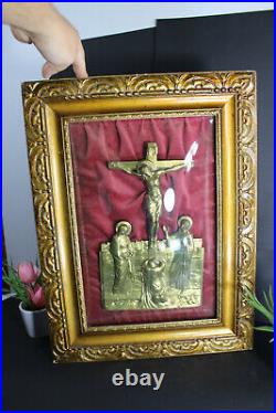 Antique french religious wood wall panel calvary crucifixion scene behind glass