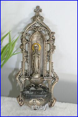 Antique french spelter metal MAdonna holy water font religious