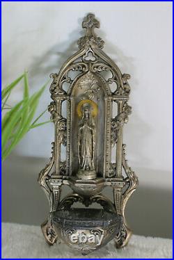 Antique french spelter metal MAdonna holy water font religious