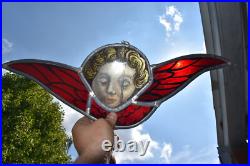 Antique french stained glass religious angel window panel plaque rare