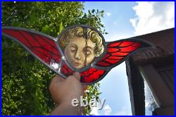 Antique french stained glass religious angel window panel plaque rare