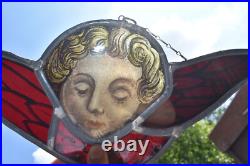 Antique french stained glass religious angel window panel plaque rare
