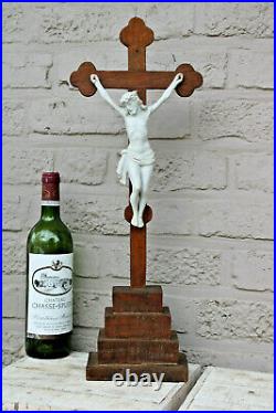 Antique french wood carved bisque porcelain christ crucifix cross religious